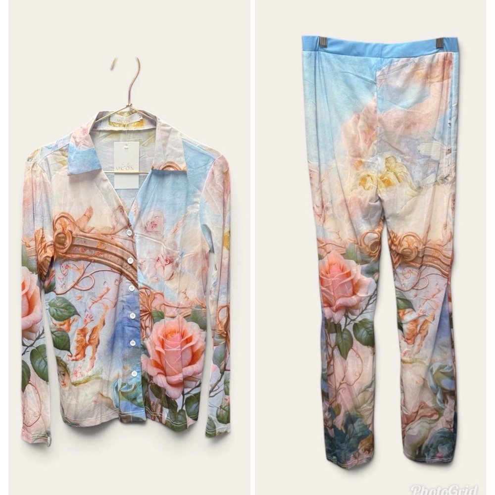 Endless Moon Cherub Floral Mesh Shirt and Pant Set Blue Pink Renaissance Medium